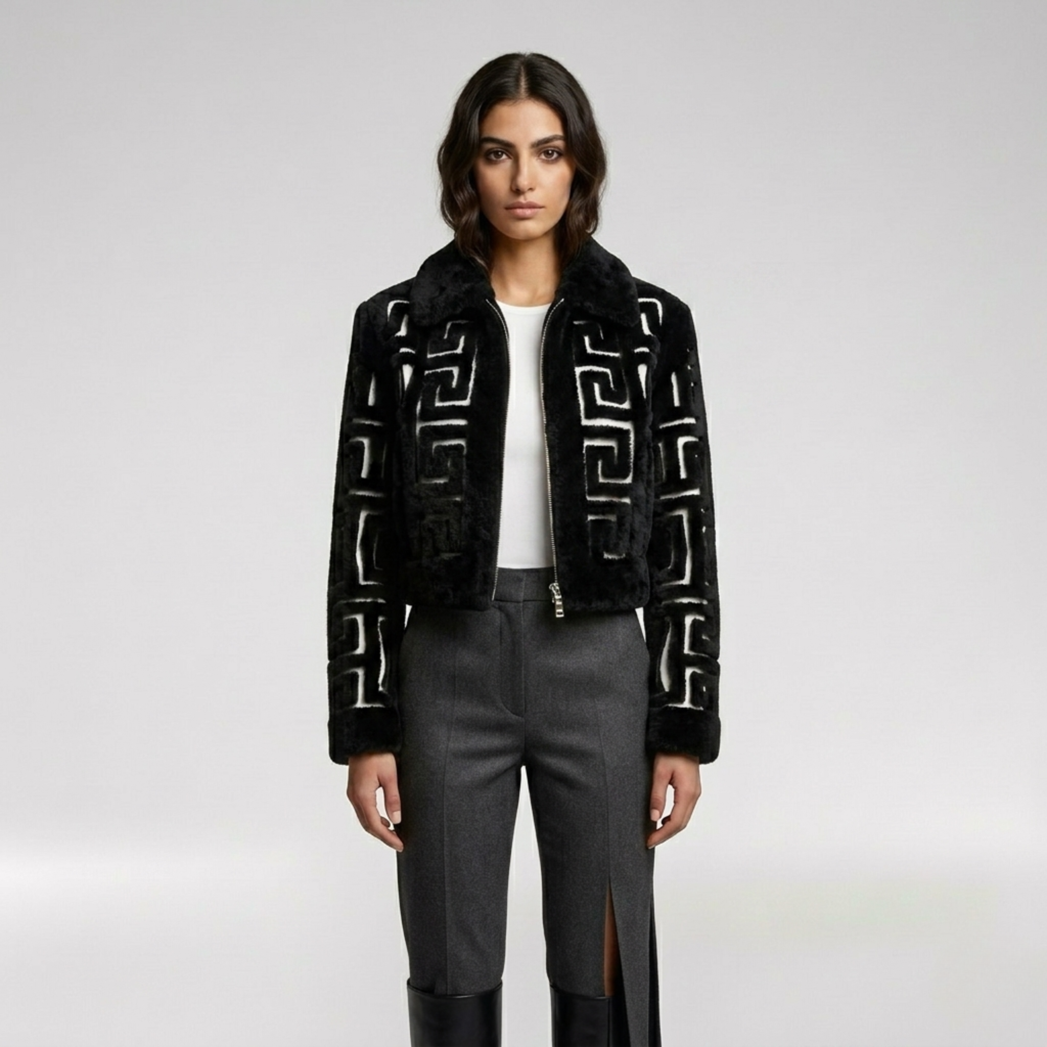 Geometric Shearling Cropped Jacket